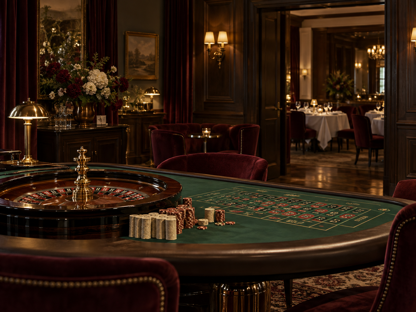 Elegancki salon kasyna z ruletką i żetonami